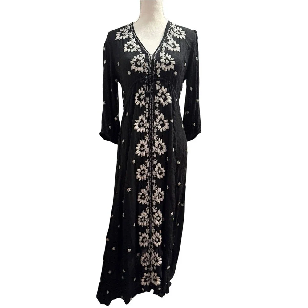 Free People Fable Embroidered V Neck Midi Dress Black White Size M Boho Whimsy